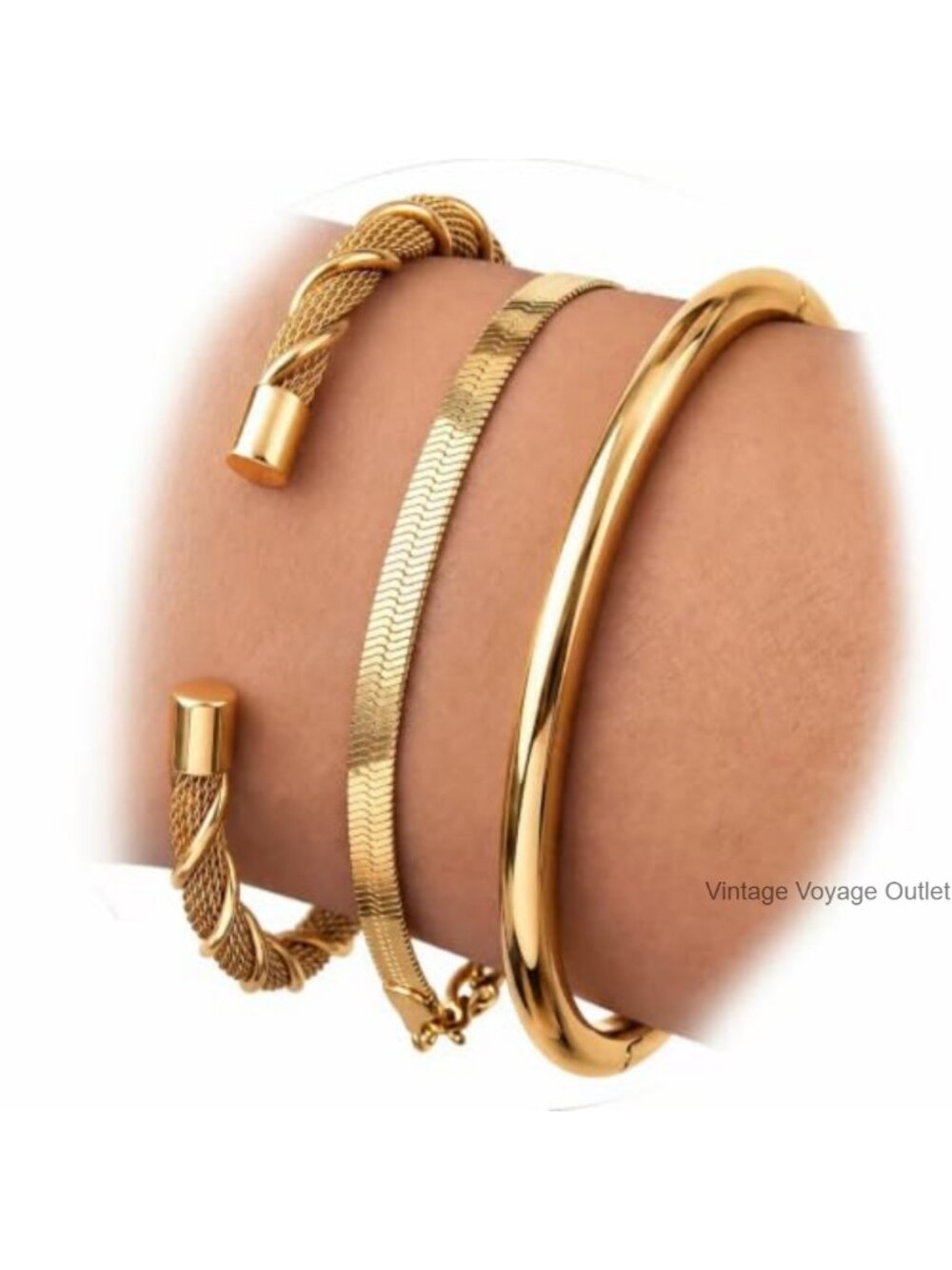 18K Gold Plated Bangle Bracelet Set Stackable Non Tarnish Waterproof Jewelry